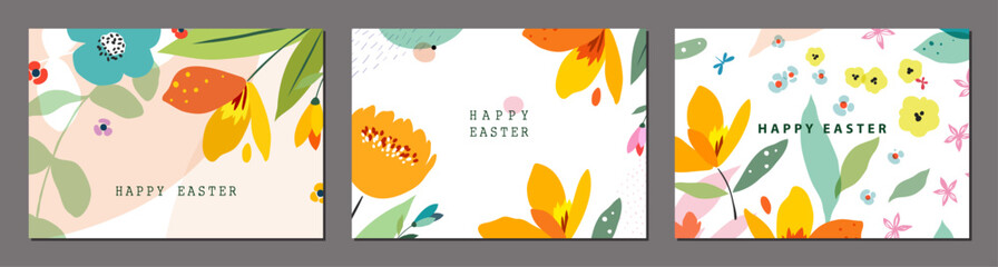 Fototapeta na wymiar Easter horizontal greeting cards for spring decor in vibrant colors. Floral art set with decorative flowers, floral frames and backgrounds. For Mother’s Day, Birthday, Wedding and Baby invitations.