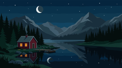 Fototapeta premium Idyllic scene of a red cabin with glowing windows nestled by a calm lake at night, reflecting the crescent moon and mountains in the dark water, surrounded by evergreen trees.