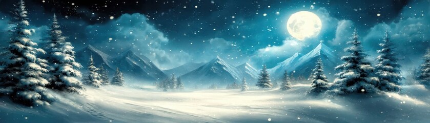 Fototapeta premium Snow-covered pine trees under a starry night sky with a glowing full moon and distant mountains creating a serene winter landscape.