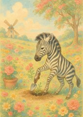 Fototapeta premium Whimsical zebra in floral paradise.