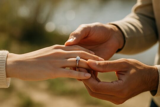 Romantic engagement ring proposal moment.