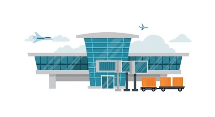 Obraz premium Modern airport terminal illustration with airplanes and cargo transport vector
