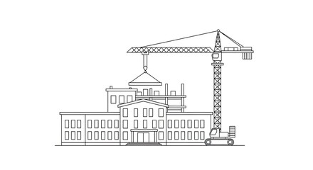 Fototapeta premium Construction site with crane building structure line art illustration