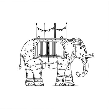 Ornate elephant with decorative howdah and traditional indian festival celebration elements in simple line art style