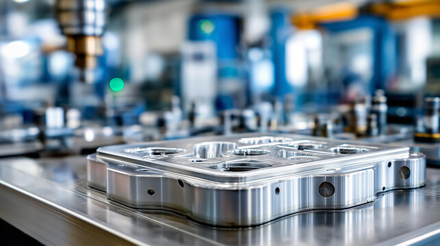 93. Close-up detail of a precision aluminum thermoforming mold with fine surface texture and vent holes, defocused machine components around it, thermoforming mold detail, aluminum mold