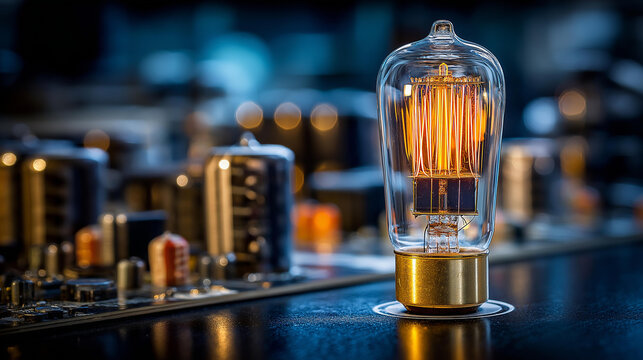 76. Glowing vintage vacuum tube on a dark reflective surface, warm filament light visible inside glass envelope, defocused electronic components behind, vacuum tube glow, thermionic valve,
