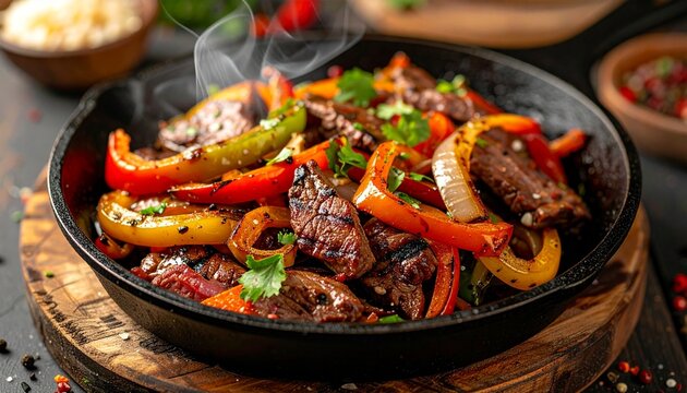 Ultra realistic close-up of sizzling beef fajitas on a hot cast iron skillet, grilled steak strips with bell peppers and onions, steam rising, dramatic lighting, authentic Mexican food photography, 8k