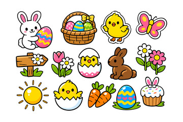 Obraz premium Colorful easter icons with bunny, chick, eggs, and spring flowers.