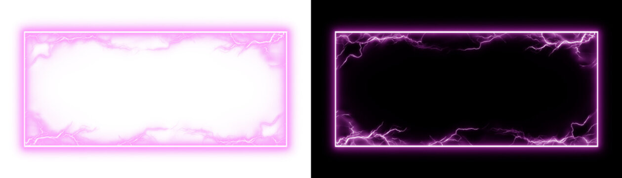 Vibrant neon rectangle frame in pink and purple with light flares and glow on split background.