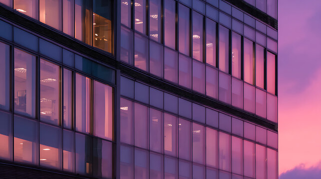 Modern architectural office building facade at twilight with glass windows reflecting a beautiful purple and pink sunset sky, abstract geometry