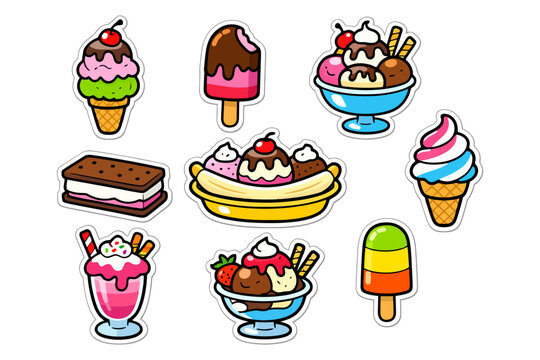 Colorful ice cream desserts and popsicles with bananas and cherries.