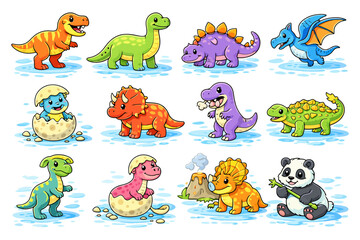 Fototapeta premium Colorful cartoon dinosaurs and cute panda in playful scenes.
