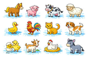 Cute cartoon farm animals: horse, pig, cow, sheep, duck, rooster, cat, dog, chicks, goat, hen, donkey.