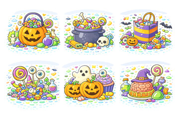 Fototapeta premium Spooky halloween candy collection with pumpkins, cauldron, and ghost designs.