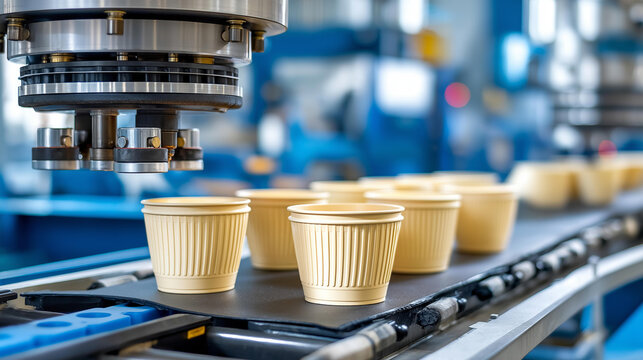 88. Thermoforming machine producing deep-draw plastic containers for industrial use, thick-walled containers emerging from large molds, defocused heavy-duty facility behind, deep draw