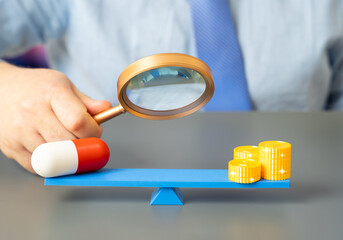 Naklejka premium Researching the prices of medicines and medical supplies. Monitoring pharmaceutical costs and comparing drug prices. Healthcare affordability, pharmacy analytics and transparency in the medical market