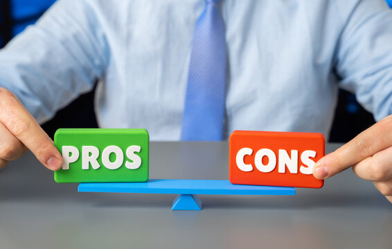 Weighing the pros and cons. Careful evaluation of advantages and disadvantages before making a decision. Business analysis, strategic thinking and rational choice in management and everyday life.