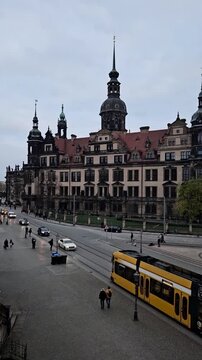 View of Dresden Castle, View of Dresden Cathedral or Holy Trinity Cathedral, which was formerly a Catholic church - Hofkirche. Dresden, Germany.