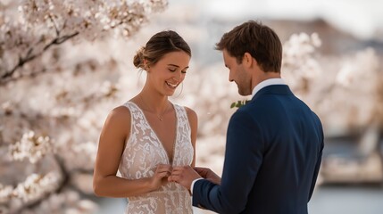 Obraz premium Bride in white lace gown and groom in navy suit exchanging vows under cherry blossom trees in full spring bloom, pink petals falling like snow around outdoor ceremony, perfect for romantic wedding,
