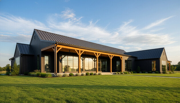 Modern black farmhouse exterior with large windows and spacious green lawn in contemporary countryside home design
