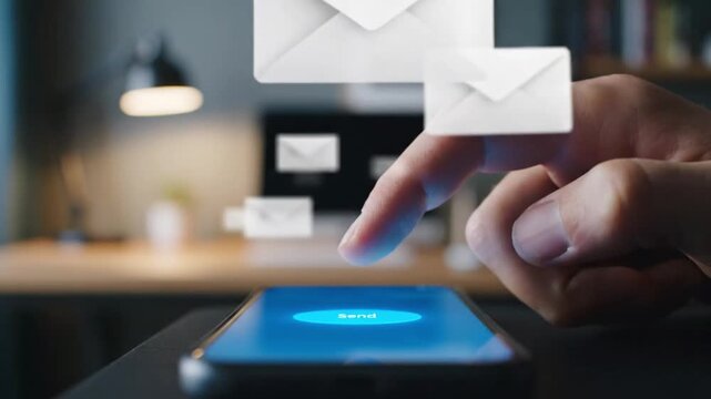 Finger Pressing Send Button on Smartphone Screen with Multiple Animated Envelopes Flying Out for Email Marketing