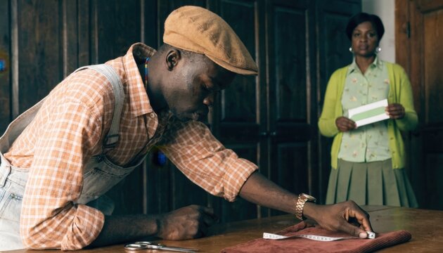 Medium shot of a tailor measuring fabric with a microfinance officer in the background handing over a loan envelope keeping the tailor in crisp focus against a muted office