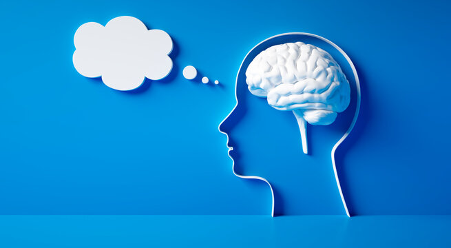 Conceptual artwork showing a 3D silhouette of a head with white brain and thought bubble against blue wall
