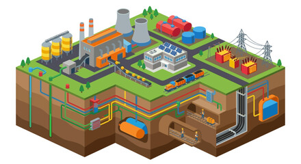 Isometric illustration depicting a complex industrial facility and underground infrastructure © SHANTI