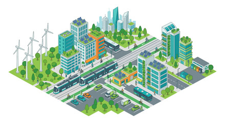 Isometric illustration of a sustainable city with wind turbines and transport © SHANTI