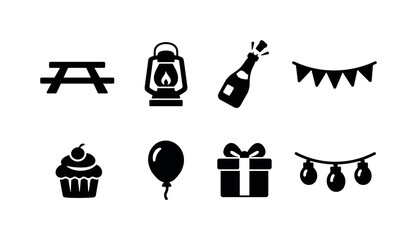 Outdoor Celebration. Filled icon set of Outdoor Celebration: picnic table, lantern, champagne bottle, party
