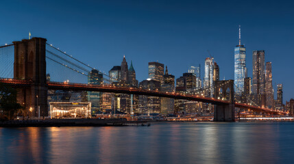 Obraz premium Brooklyn bridge Manhattan skyline dusk with glowing city lights and river reflection