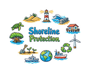 Shoreline Protection. Hand drawn illustration of Shoreline Protection. sand dunes, sea wall barrier, ocean