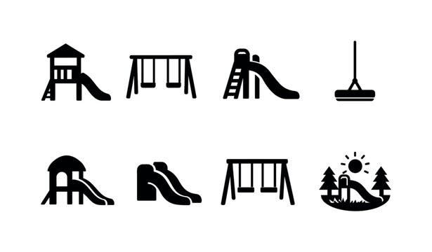 Outdoor play slide outline collection. Filled icon set of Outdoor play slide outline collection: slide tower