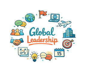 Global Leadership. Hand drawn illustration of Global Leadership. globe, group of people, handshake, flag icons