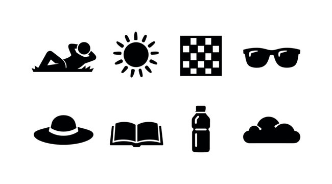 Sunbathing on Grass. Filled icon set of Sunbathing on Grass: person lying on grass, sun with rays, picnic