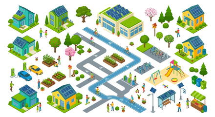 Isometric illustration of a sustainable eco friendly city neighborhood scene © SHANTI