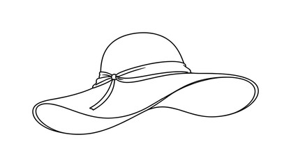 "Beach Hat Outline". Minimalistic one-line drawing elegant floppy sun hat with subtle ribbon band detail,
