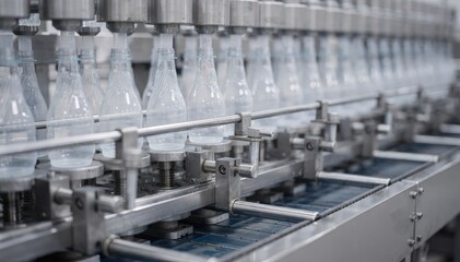 Obraz premium Medium shot of small translucent bottles being formed by parison inflation in precise bottle molds on an automated conveyor system in a hightech factory setting. Medium shot