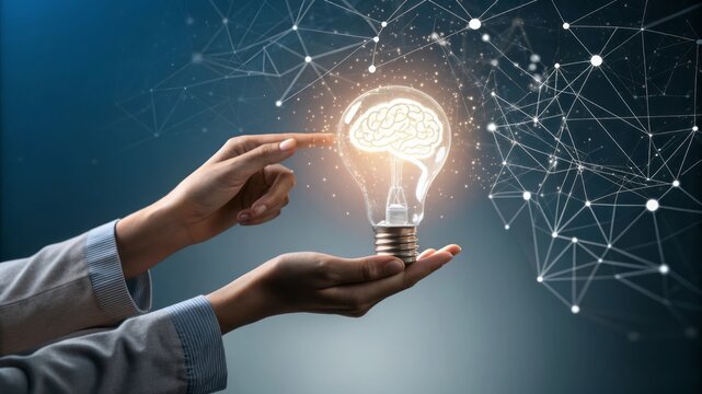 Concept of creativity and innovation with brain in light bulb and hands in abstract background