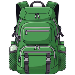 Naklejka premium green hiking backpack with water bottle and mesh pockets vector illustration
