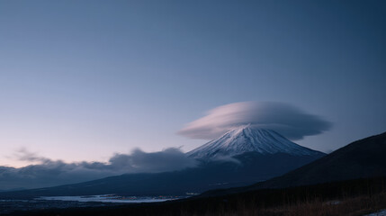 Lenticular cloud Mount Fuji snowcapped peak dawn serene landscape