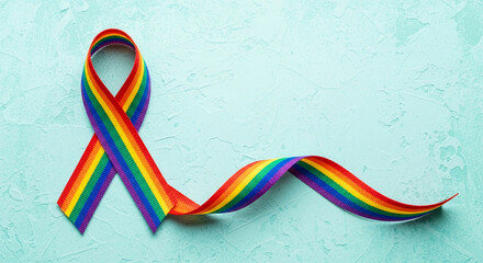A ribbon with rainbow colors on a blue textured background. The ribbon represents LGBTQ+ pride and support, symbolizing acceptance and diversity