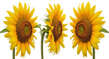 Obraz premium Three sunflowers with bright yellow petals and dark centers
