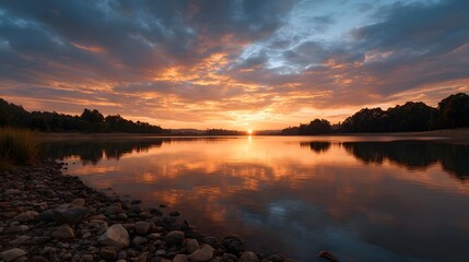 Obraz premium A vibrant sunset casts a golden glow over a tranquil lake reflecting dramatic clouds and warm hues in the still water