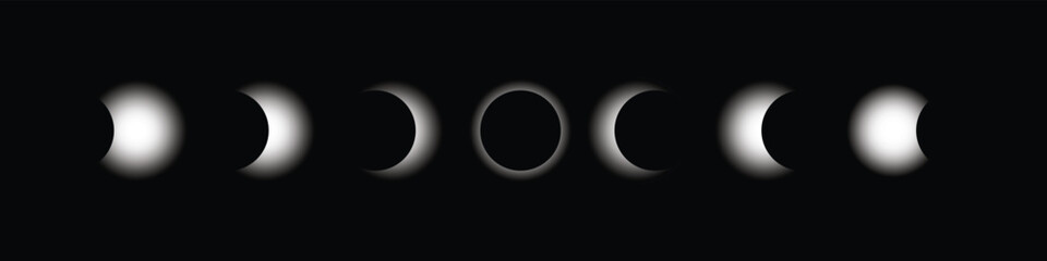 Full moon eclipse concept illustration. Set of moon phases or stages.Cosmos with moon and sun in total and partial solar eclipse and stars isolated on transparent background, vector,illustration. © Minakshi