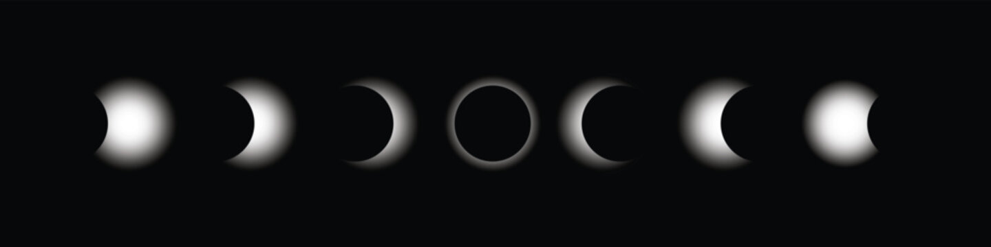 Full moon eclipse concept illustration. Set of moon phases or stages.Cosmos with moon and sun in total and partial solar eclipse and stars isolated on transparent background, vector,illustration.