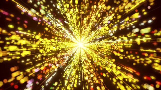 Luxury gold particle lines, golden glow particle lines shuttle forward, particle light growth animation. yellow neon light rays striking, beautiful visual art stage background of particle lines.