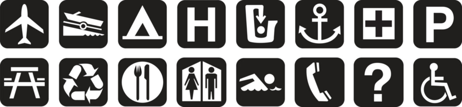 Public Service Web Icons Set Airport Parking Hospital Recycling Phone Restroom Symbols PNG