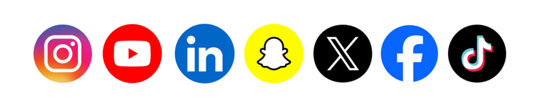 Collection of high-resolution social media icons including Instagram, YouTube, LinkedIn, Snapchat, X (formerly Twitter), Facebook, and TikTok circles isolated on a white or transparent background.