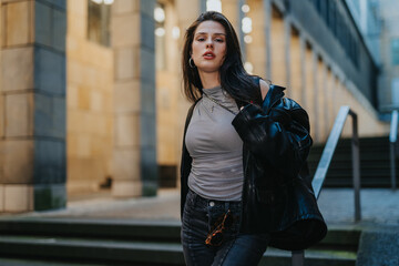 Fototapeta premium Young woman wearing a leather jacket and casual jeans poses confidently on city steps. A fashionable street portrait captures her urban style and attitude.